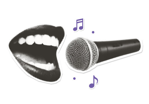Pop art female mouth singing into microphones - vintage halftone cutout element. Retro zine style isolated graphic.