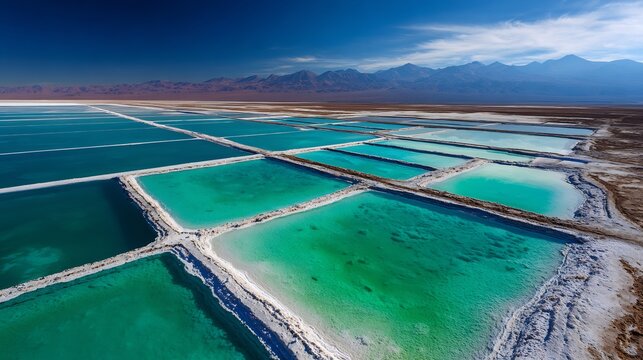 Lithium evaporation ponds, high-tech mineral extraction, sustainable resource processing, clean energy future, aerial view