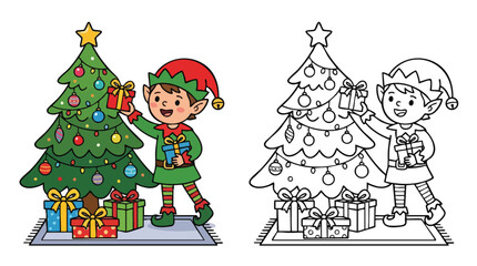 Fototapeta premium Christmas Elf Decorating Tree Coloring Page Illustration for Holiday Activities