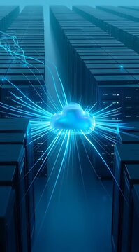 Abstract Blue Data Center with Server Racks and Cloud Computing System for Digital Technology Network Connection on Dark Background