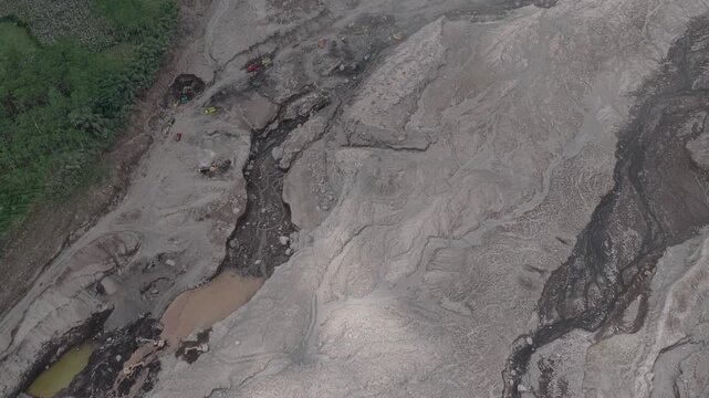 Aerial view of lahar flowing from semeru volcano