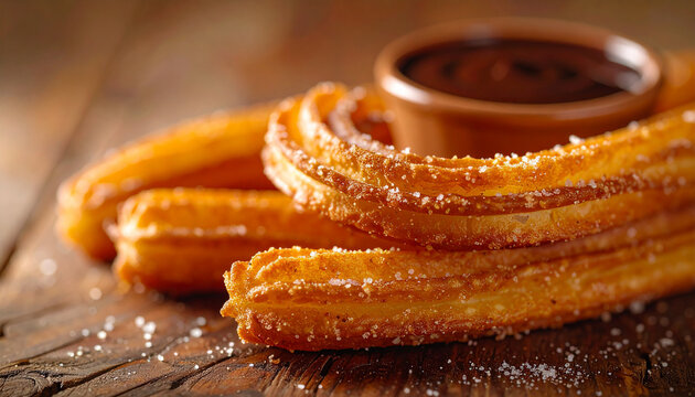 Golden fried churros on rustic wooden table, rich dark chocolate dipping sauce, crispy sugar coated surface, traditional Spanish dessert