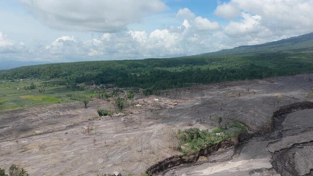 Aerial view of semeru volcano lava flow aftermath