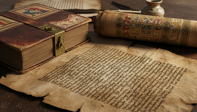 Ancient manuscript and an ornate scroll resting on aged handwritten parchment, displaying intricate decorative patterns and faded ink, while the background document shows dense classical script.