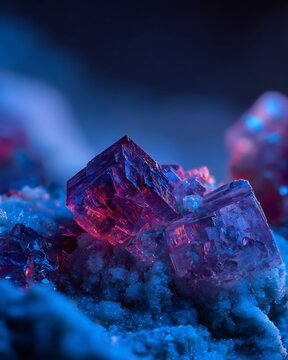 Rare Earth Minerals: Crystalline Structure, Macro Detail, Deep Blue and Magenta Tones, Geological Formation, Industrial Resource, Digital Art