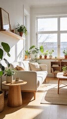 Fototapeta premium Cozy Scandinavian living room filled with natural light, plants, and wooden furniture, creating a serene atmosphere for relaxation.