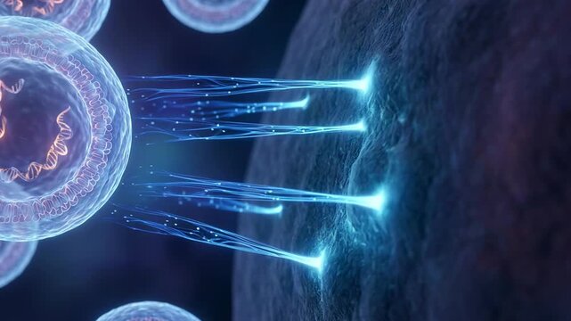 Microscopic cell interacting with biological surface. Nanotechnology simulation showing cellular communication and molecular connection. Medical research and data.