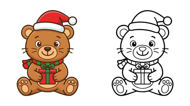 Christmas Teddy Bear Wearing Santa Hat with Gift Box Coloring Page Template