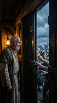 Divine judgment beginning: Noah figure, Ark refuge, heavy rain, human plea, doomed world, storm rage, dark cloud, door close, man gaze, water rise, save soul, biblical narrative, earth fate.