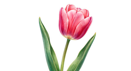 Naklejka premium Single pink tulip flower with green leaves isolated on black background