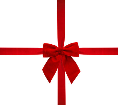 Red velvet bow and ribbon top view package decor. Gift decoration, present box design element.isolated object.