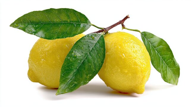 Two whole leaves of yellow lemon with green on a white background