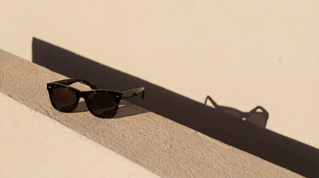 A parapet with glasses lying on it and the shadow of the glasses on the wall. Sunlight. Copy space.