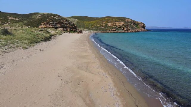 Aerial view of Neftina beach at the Greek island of Lemnos in the northern Aegean Sea.	