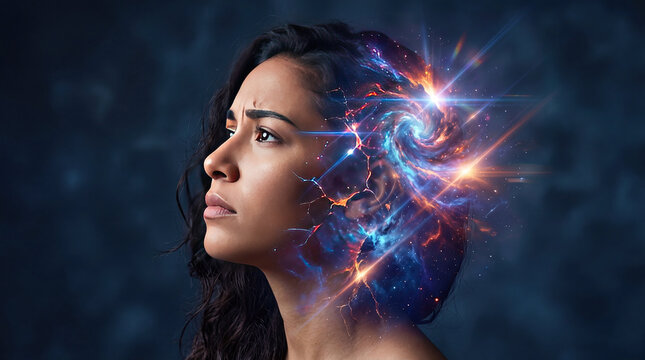 Mental health is a growing concern globally address crisis concept. A contemplative woman deep in thought, with a cosmic swirl above.