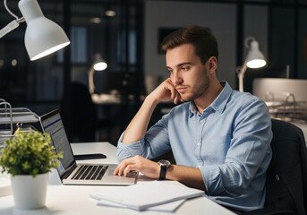 Obraz premium Office Worker Sitting at Desk with Low Motivation Looking at Laptop, Quiet Quitting Concept
