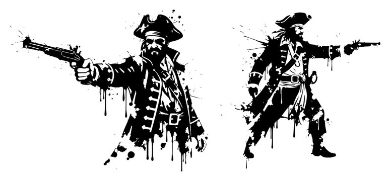 Pirate captain with flintlock pistols in messy ink splatter style