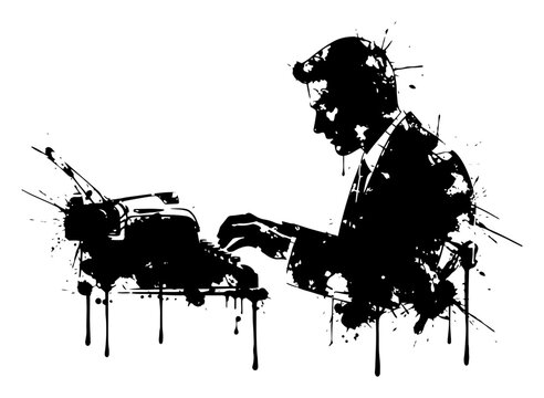 Businessman writing on vintage typewriter in messy ink splatter style
