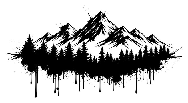 Mountain peaks with pine forest in messy ink splatter style