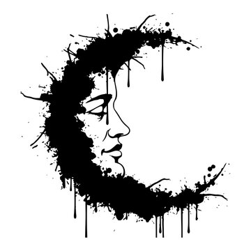 Crescent moon with human face in messy ink splatter style