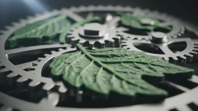 Delicate green leaves intertwine with shiny metallic gears, creating a harmonious dance between nature and technology. This vivid scene captures the essence of creativity and innovation.