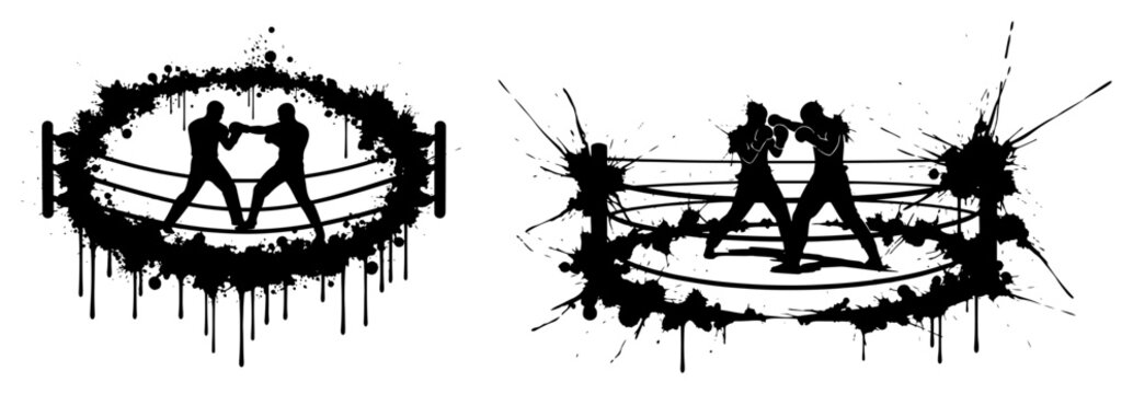 Boxers fighting in boxing ring silhouette with black ink splashes and paint drips grunge style