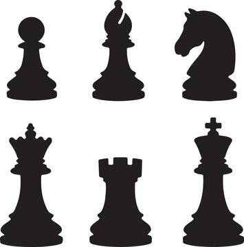 Black silhouette chess pieces including king, queen, bishop, knight, rook, and pawn, vector illustration