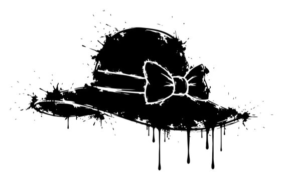Elegant woman sun hat with ribbon bow in ink splatter drip style