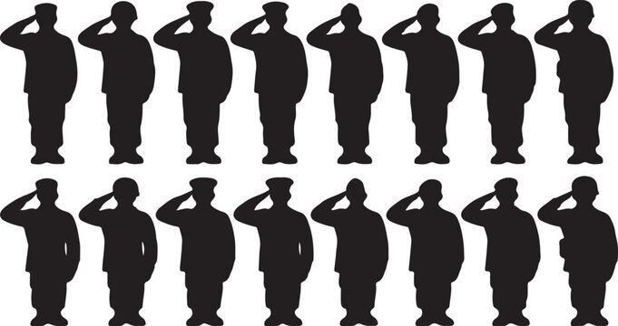 Military Soldiers Saluting Silhouette Row - United States Army Vector Illustration