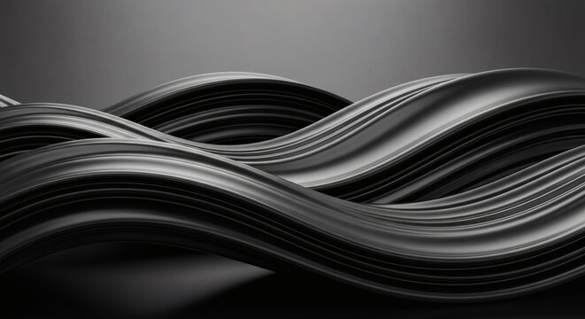 Dynamic abstract flowing dark waves of elegant metallic ribbons creating a luxurious and modern undulating design with graceful curves and subtle reflections