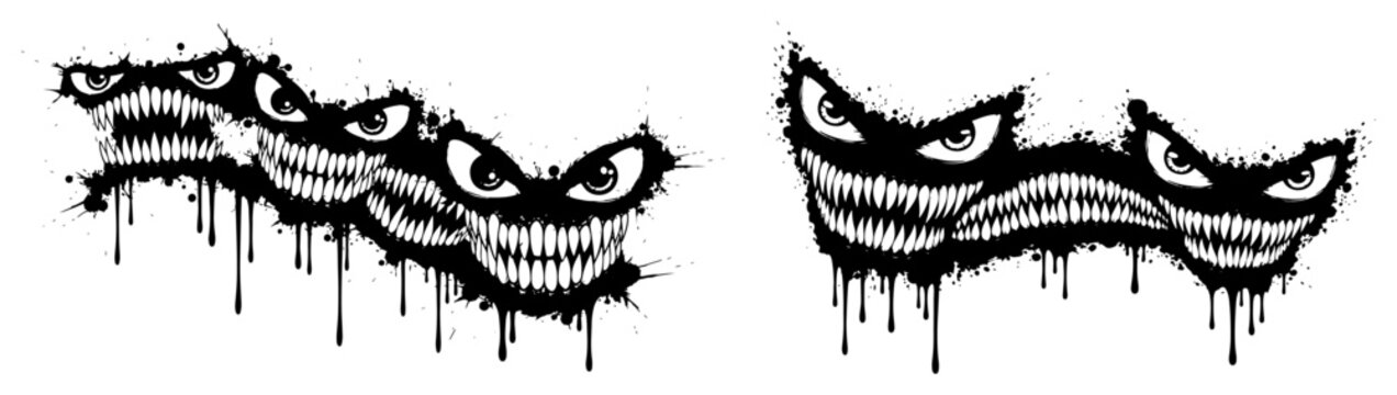 Grinning monster faces with sharp teeth in messy ink splatter style