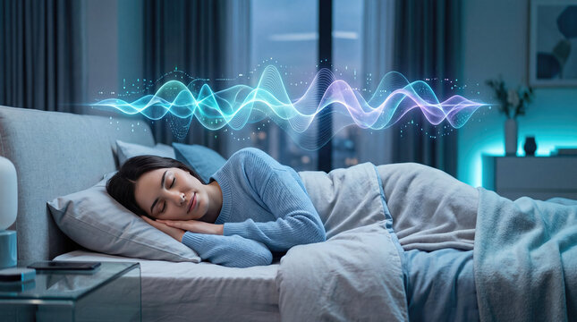 Brain sleep relaxation mindful meditation waves concept. A peaceful woman sleeps soundly in a serene bedroom environment.