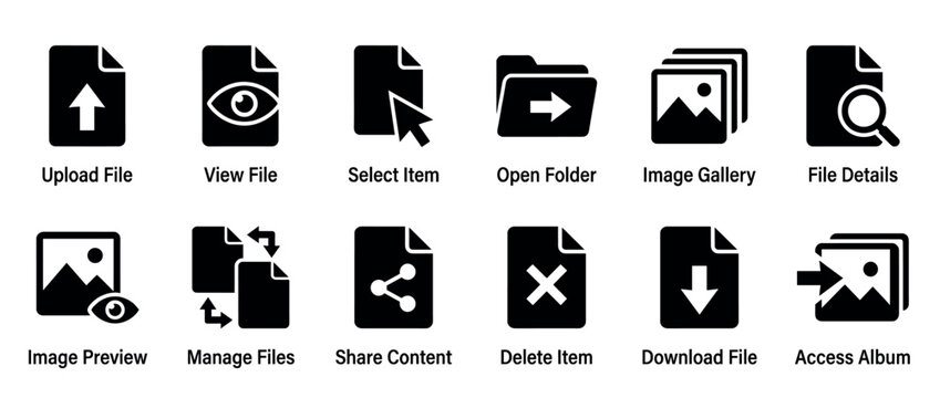 Collection of black glyph icons representing various file and folder management actions for user interface and web design.