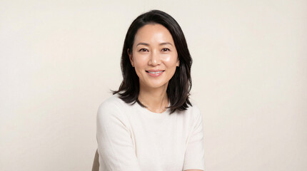 Fototapeta premium Beautiful Asian woman of middle age posing beauty portrait concept. A portrait of a confident woman smiling, showcasing her warmth.