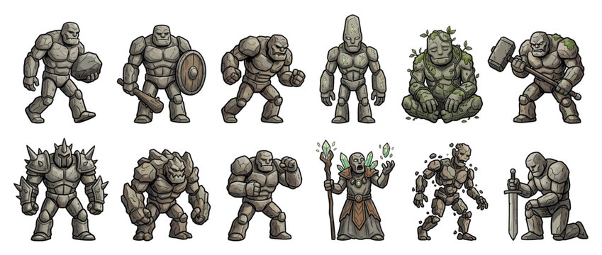 Stone golems fantasy characters with various poses and weapons for game design and mythical creature concepts.
