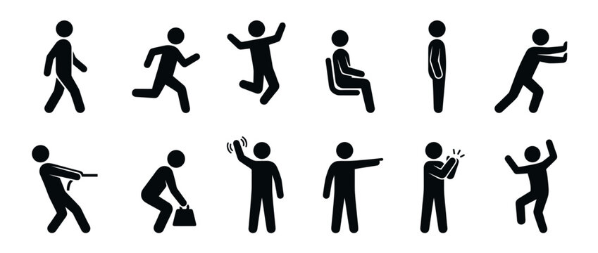 Stick figures performing various human actions and poses, including walking, running, jumping, sitting, pushing, pulling, and waving, depicted as simple black icons.