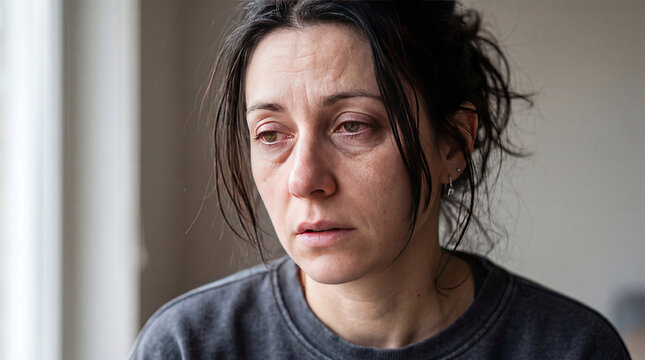 Bruises and bags under the eyes of a tired woman concept. A reflective moment of a woman experiencing deep emotion.