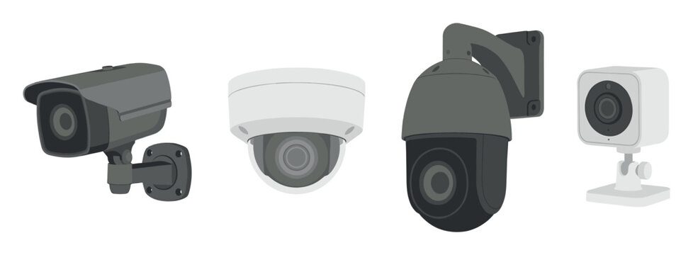 Security cameras set showing various types of modern surveillance equipment for home and business protection.