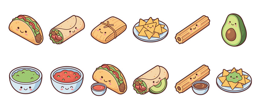 Cute cartoon Mexican food items including tacos, burritos, nachos, churros, and guacamole with happy smiling faces.
