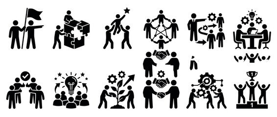 Obraz premium Business teamwork icons depicting collaboration, leadership, innovation, and success through various symbolic representations of corporate strategy and achievement.