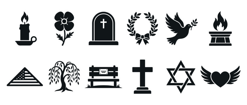 Various memorial and remembrance symbols such as a gravestone, candle, cross, and dove in a simple icon set.