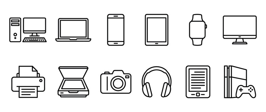 Electronic devices and gadgets line icons set, including computers, mobile phones, tablets, and other modern technology equipment.