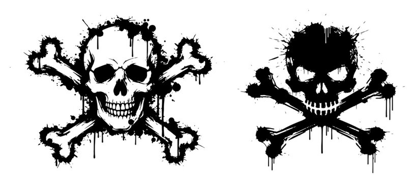 Human skull and crossbones pirate symbols in messy ink splatter style