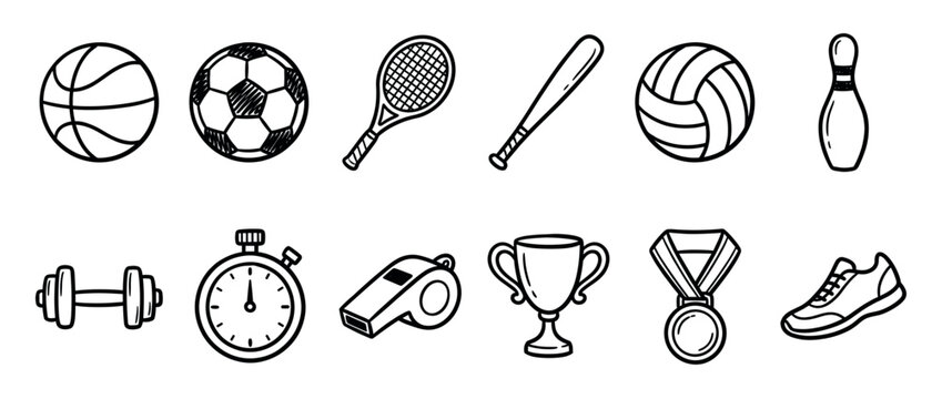 Sports equipment icons doodle style collection featuring various athletic gear and achievement symbols for games and fitness activities.