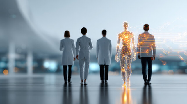 Futuristic scientists and a glowing humanoid AI robot walk together in a high tech laboratory. Innovation, artificial intelligence, and human collaboration shape the future of technology