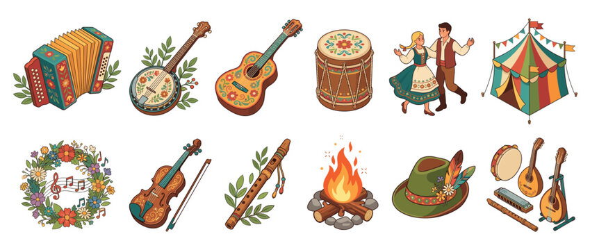 Vibrant collection of folk music instruments, dancing couple, festival tent, traditional hat, and campfire, depicting a lively cultural celebration.