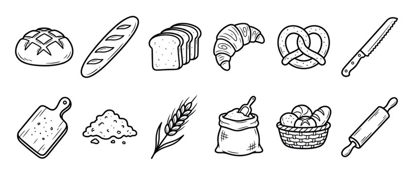 Various hand-drawn bakery items, fresh bread, baking ingredients, and kitchen tools for cooking and pastry preparation.