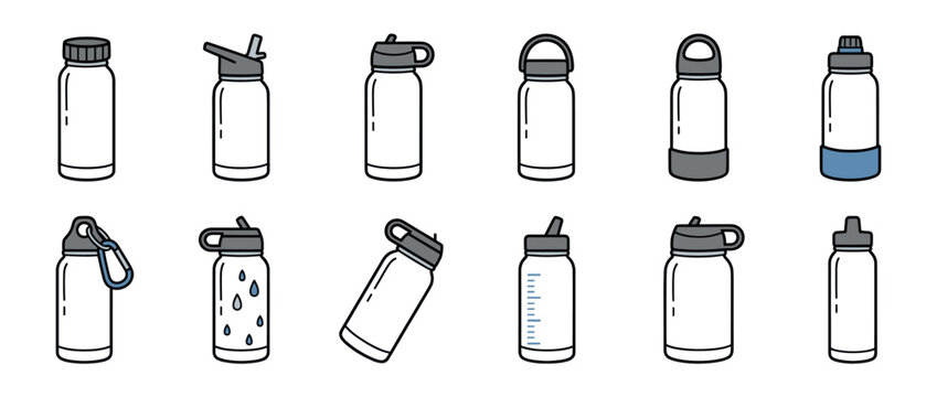 Collection of reusable water bottles featuring different cap styles and designs for daily hydration and active living.