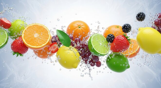 Fresh fruit flying in mid-air with water droplets