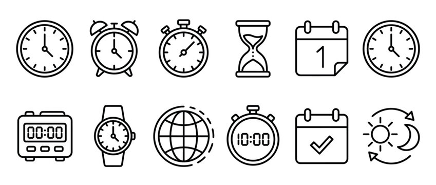 Collection of time and date icons, including various clocks, hourglass, calendars, and global time symbols, representing scheduling and planning concepts.